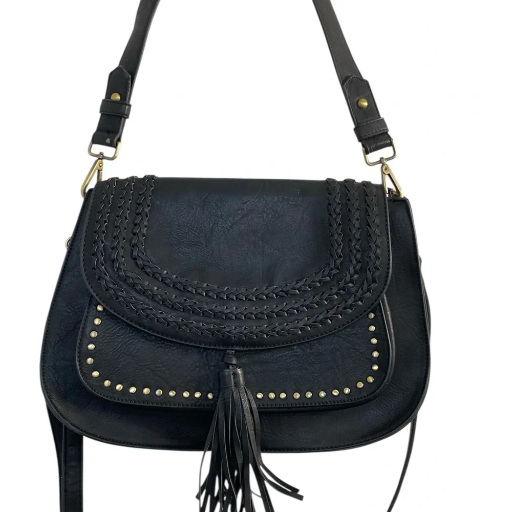 Antik Kraft Black Vegan Leather Saddlebag Crossbody Braid Detail Boho Western